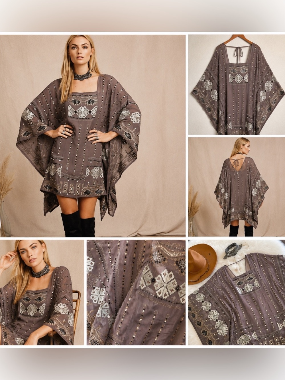 $398 Vintage Rare Free People Flared Sleeves Beadwork Embroidery Mini Dress XS/S - Picture 3 of 11